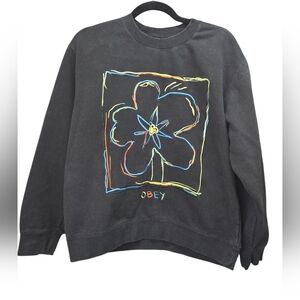 Obey Black Graphic Sweatshirt Neon Flower Logo Medium Crewneck Streetwear Skater